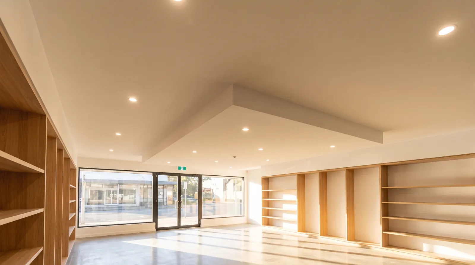 Completed retail fitout with a flat plasterboard ceiling and stepped bulkhead carrying recessed downlights, Perth