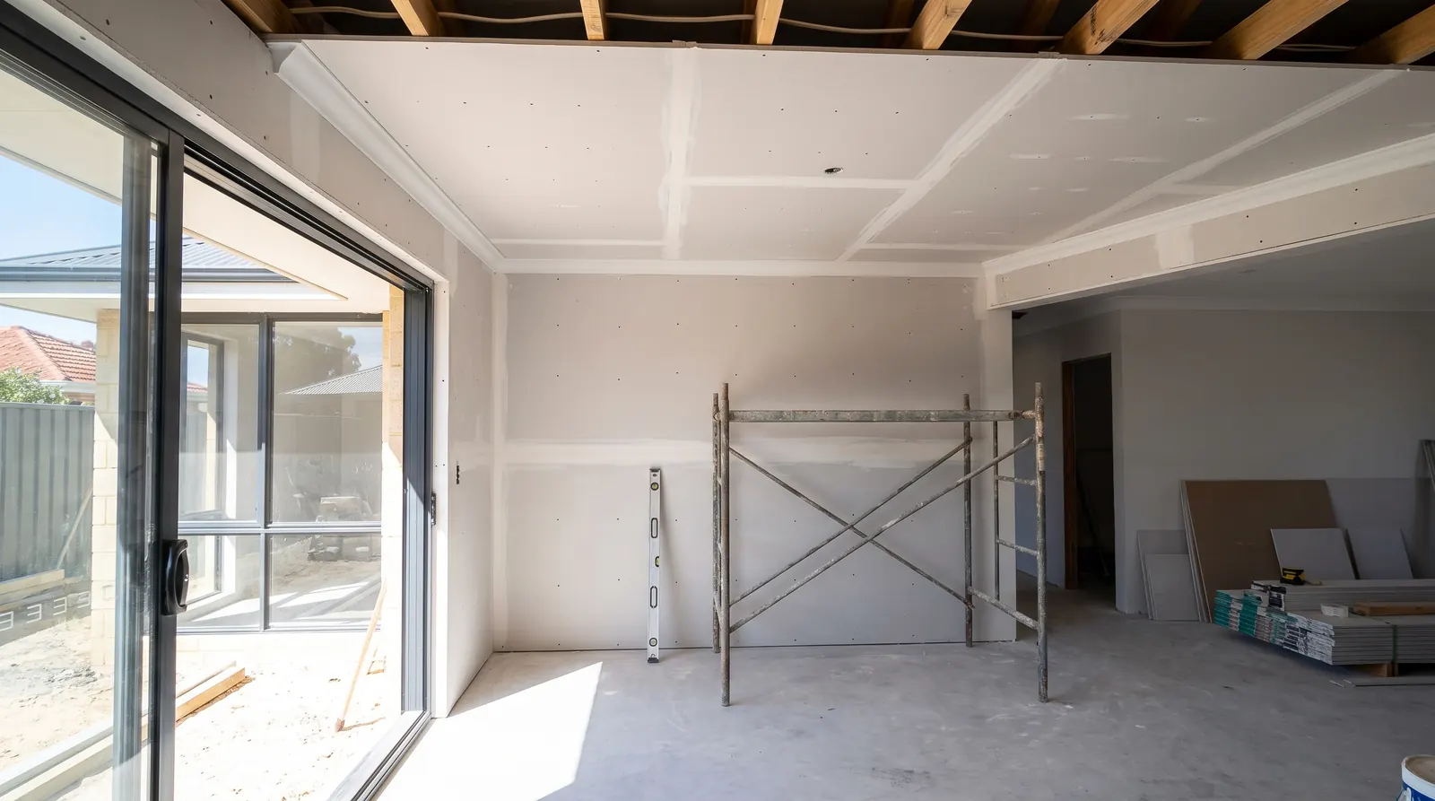 Plasterboard ceiling sheets screwed to joists with taped joints in a Perth extension before flushing