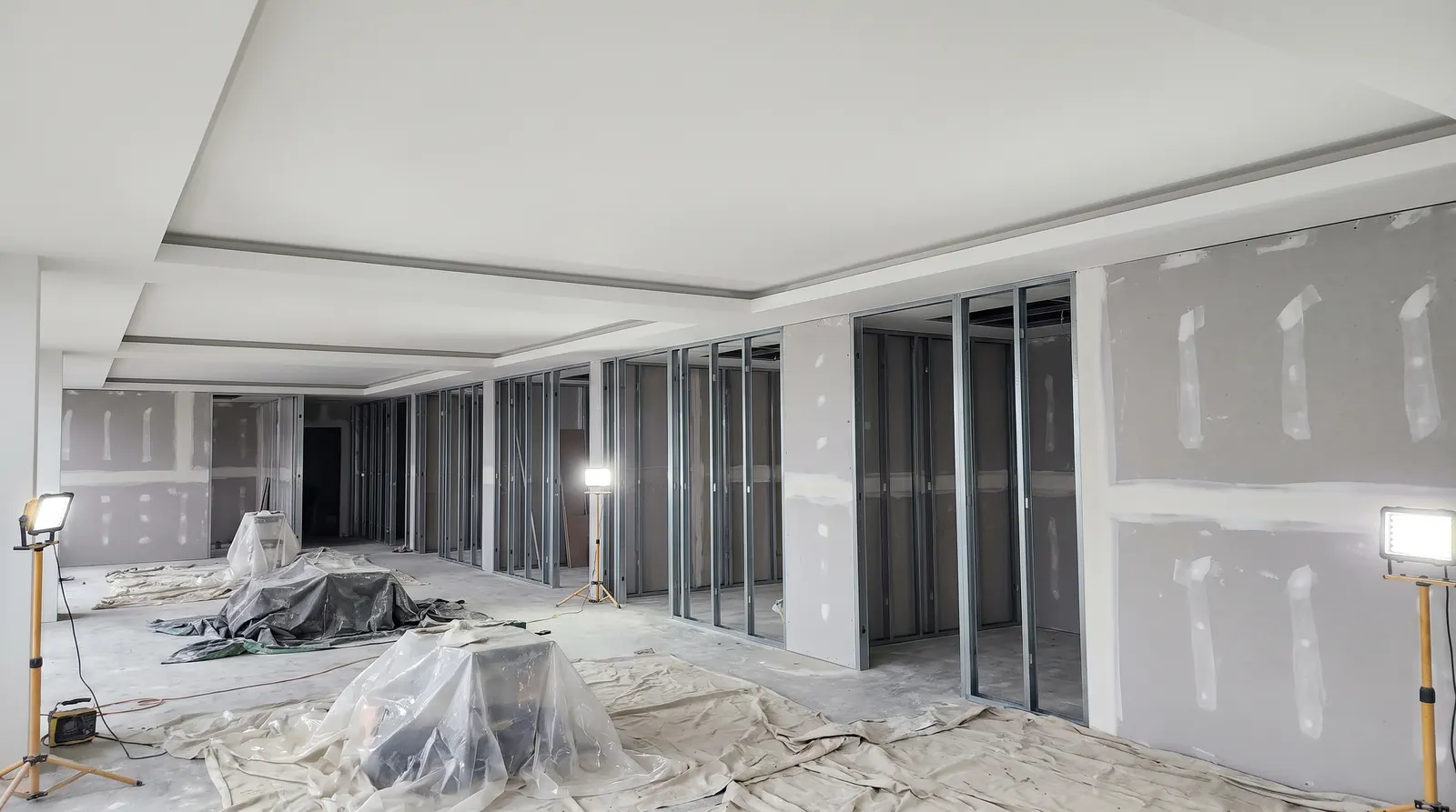 Plasterboard partition walls on steel studs with joints taped and flushed in a Perth office fitout