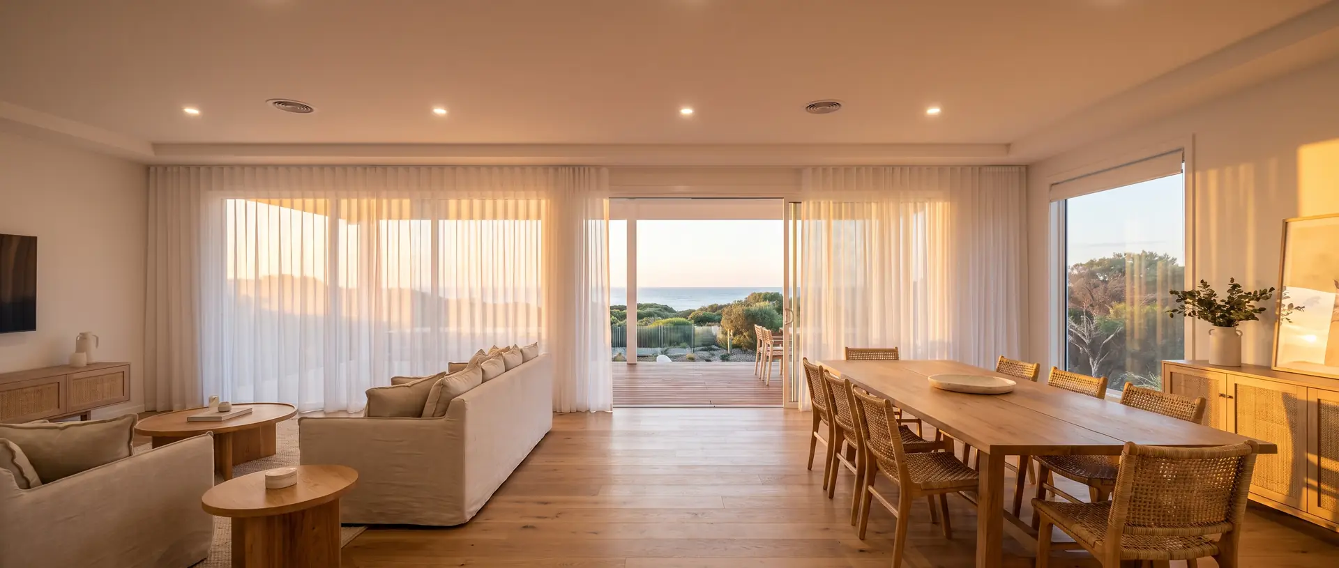 Open plan living area with seamless flush plasterboard ceiling